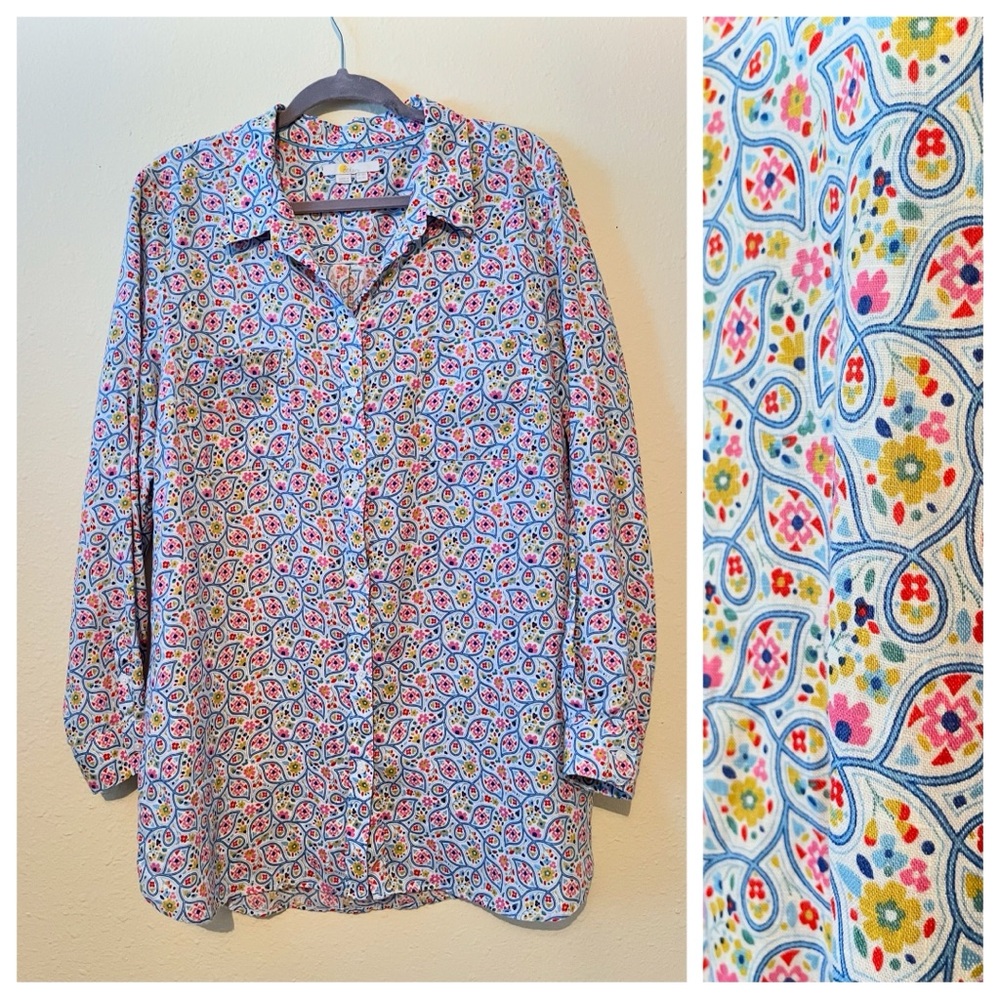 Boden Linen White Button Down Long  Sleeve Colorful Casual Blouse